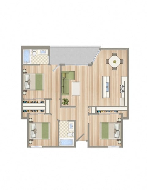 Floor plan for 3 beds, 2 baths, 1050 sqft